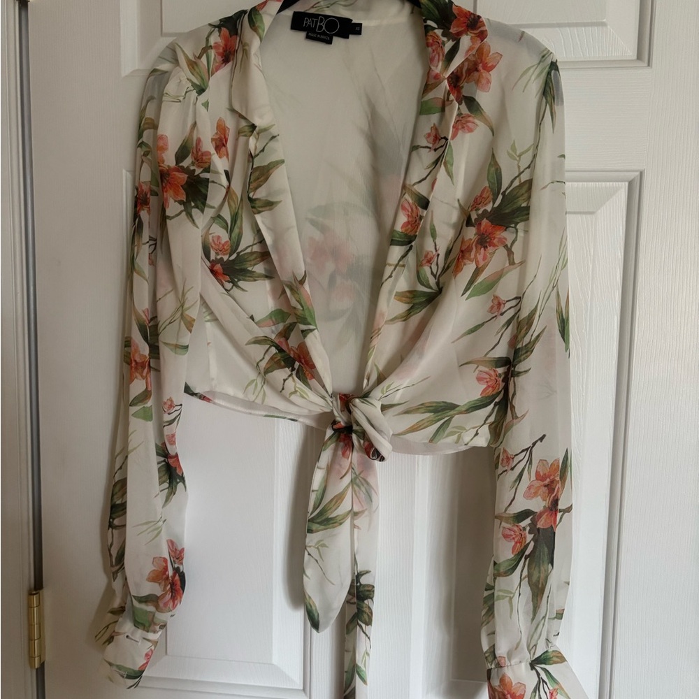 PatBO Sheer Floral Tie-Front Blouse in Ivory and Peach
